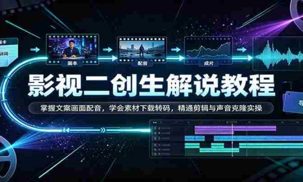 影视二创解说教程：掌握文案画面配音，学会素材下载转码，精通剪辑与声音克隆实操