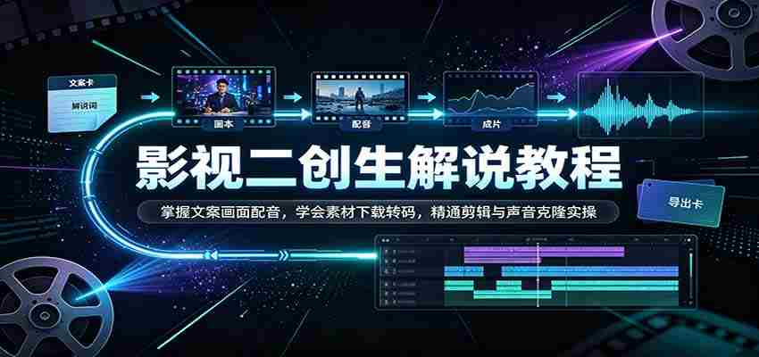 影视二创解说教程：掌握文案画面配音，学会素材下载转码，精通剪辑与声音克隆实操