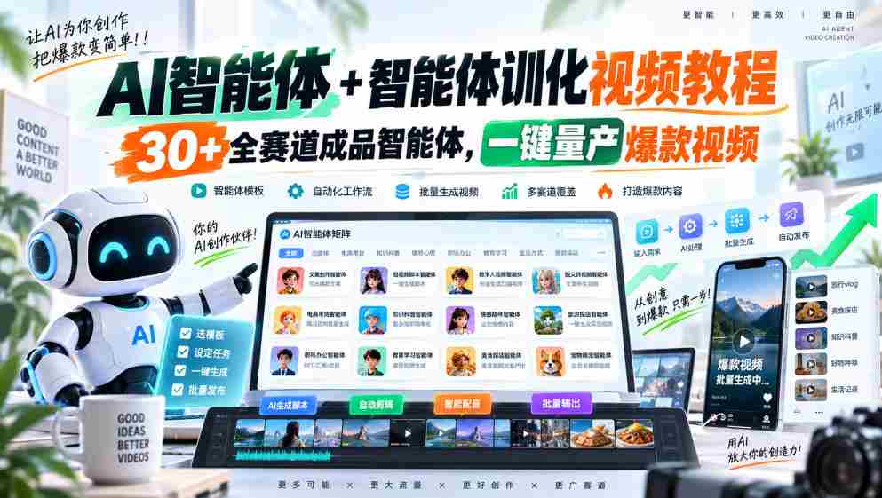 全新AI智能助手与智能训练教程，涵盖30余赛道成品智能体，轻松打造爆款视频一键量产
