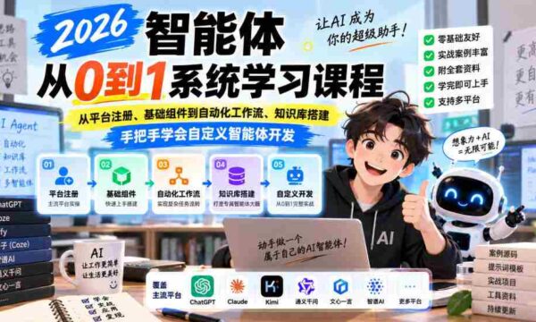 2026年全新智能体编程课程，助你从零基础入门，涵盖平台注册、组件搭建、工作流自动化与知识库构建，一对一指导，轻松掌握智能体定制开发技巧