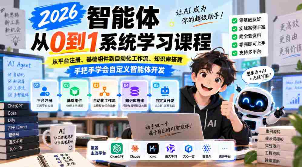 2026年全新智能体编程课程，助你从零基础入门，涵盖平台注册、组件搭建、工作流自动化与知识库构建，一对一指导，轻松掌握智能体定制开发技巧