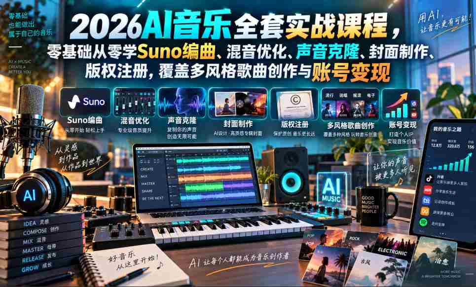 2026AI音乐制作实战攻略：零起点解锁Suno编曲、混音提升、声音复制与版权登记，多元风格创作助力账号盈利