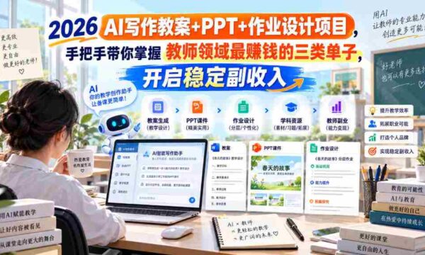 2026 AI写作教案+PPT+作业设计项目，手把手带你掌握教师领域最賺钱的三类单子，开启稳定副收入