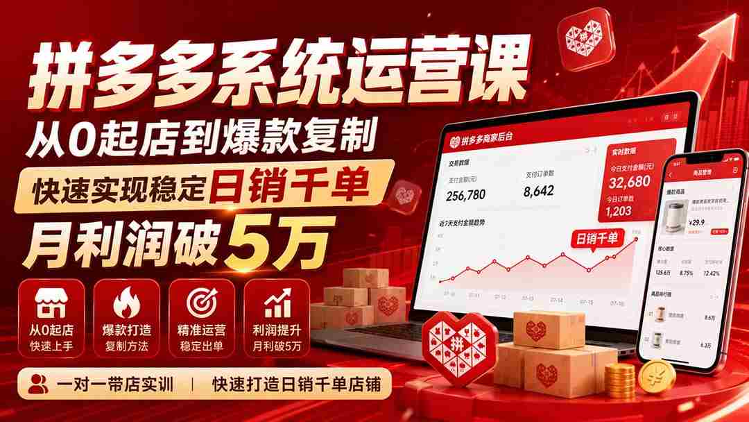 拼多多系统实操课程——无需水印版（9月更新），零基础开店至爆款打造，轻松达成每日千单销量，月收入轻松跨越五万元大关