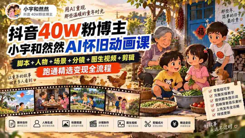 抖音40W粉博主小宇和然然AI怀旧动画课｜脚本+人物+场景+分镜+图生视频+剪辑，跑通精选变现全流程
