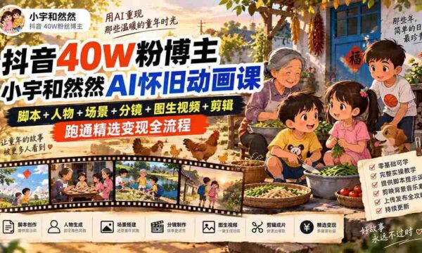 抖音40W粉博主小宇和然然AI怀旧动画课｜脚本+人物+场景+分镜+图生视频+剪辑，跑通精选变现全流程