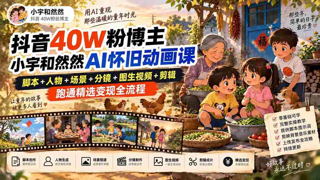 抖音40W粉博主小宇和然然AI怀旧动画课｜脚本+人物+场景+分镜+图生视频+剪辑，跑通精选变现全流程