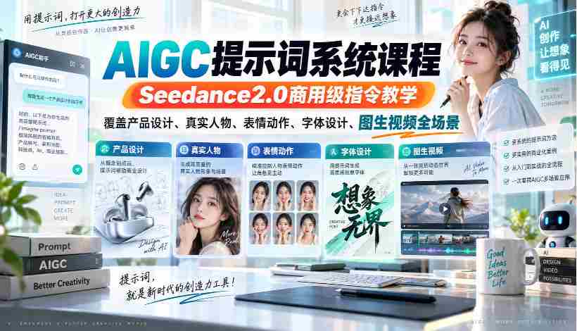 Seedance2.0商业版AIGC指令课程，全方位解析产品设计、真人表演、表情动作、字体创意及图生视频制作技巧