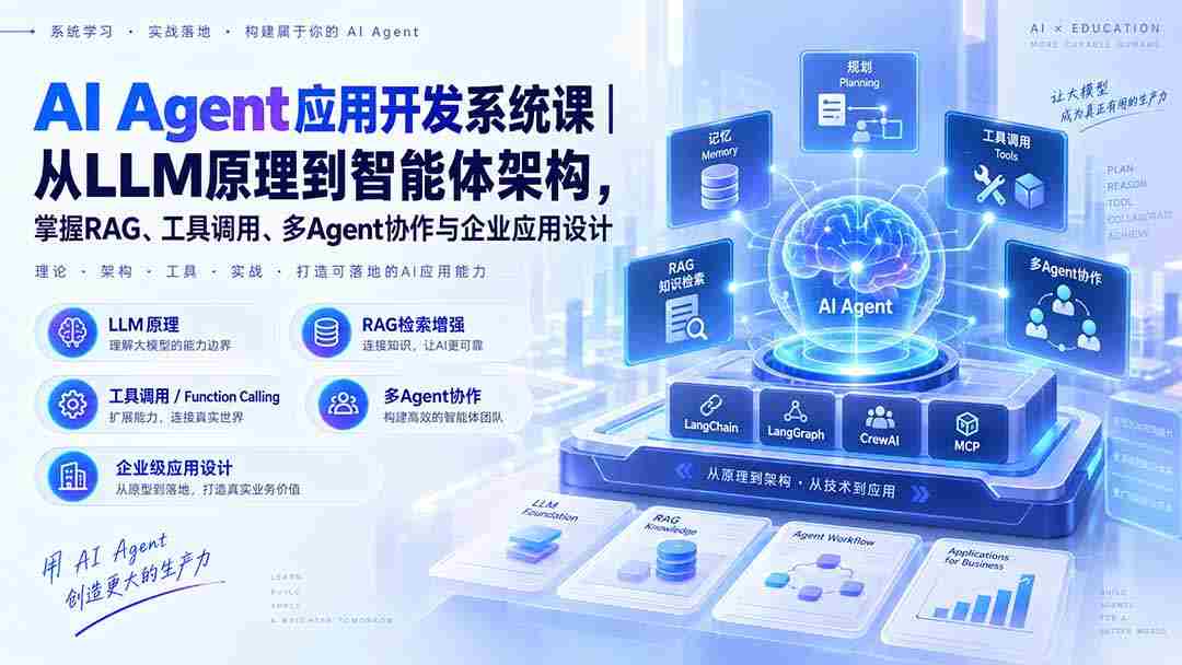 探索AI智能体开发奥秘：179节系统课程，从LLM基础到架构构建，精通RAG、工具操控及多智能体协作与企业级应用设计