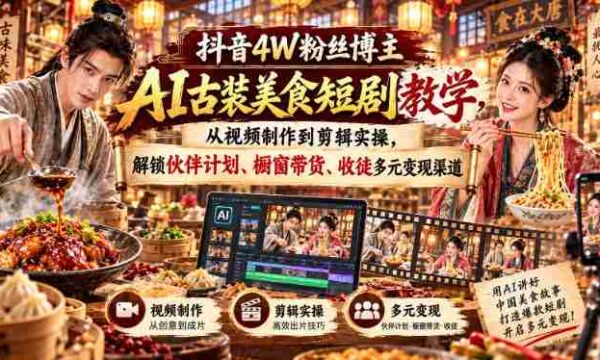 抖音4W粉丝达人揭秘：AI古装美食剧制作全攻略，实操剪辑技巧，解锁多渠道盈利秘籍