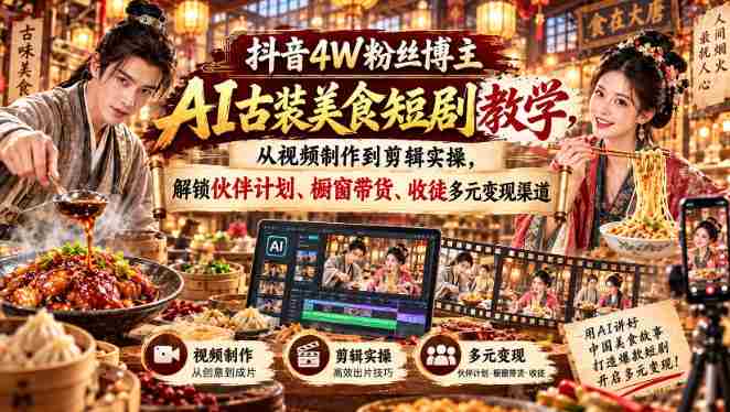抖音4W粉丝达人揭秘：AI古装美食剧制作全攻略，实操剪辑技巧，解锁多渠道盈利秘籍