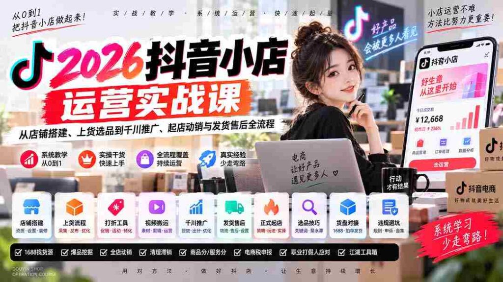 2026抖音小店运营实战课｜从店铺搭建、上货选品到千川推广、起店动销与发货售后全流程