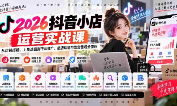 2026抖音小店运营实战课｜从店铺搭建、上货选品到千川推广、起店动销与发货售后全流程