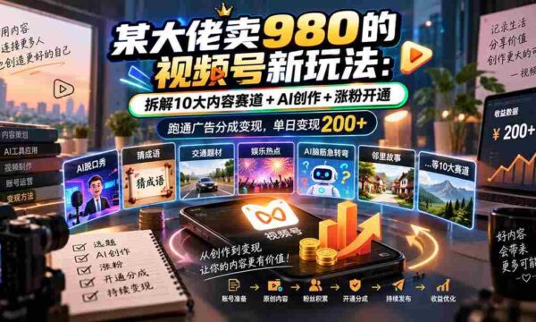 揭秘大佬980元视频号创新玩法：全方位解析内容矩阵+智能AI助力，轻松涨粉增收，广告分成变现每日可达200元