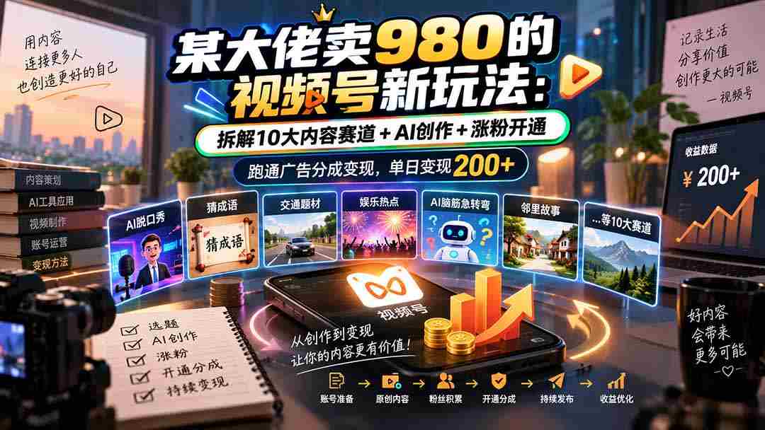 揭秘大佬980元视频号创新玩法：全方位解析内容矩阵+智能AI助力，轻松涨粉增收，广告分成变现每日可达200元
