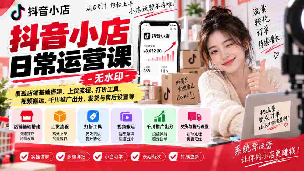 揭秘抖音小店运营秘诀：无水印教程，全面解析店铺建设、商品上架、促销技巧、视频运营、广告投放、物流售后等实战攻略