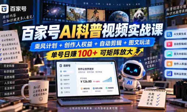 百家号AI科普视频实战课：乘风计划+创作人权益+自动剪辑+图文玩法，单号日赚100+可矩阵放大