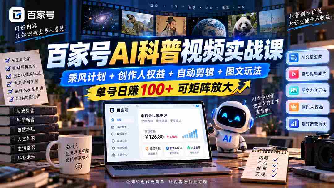 百家号AI科普视频实战课：乘风计划+创作人权益+自动剪辑+图文玩法，单号日赚100+可矩阵放大