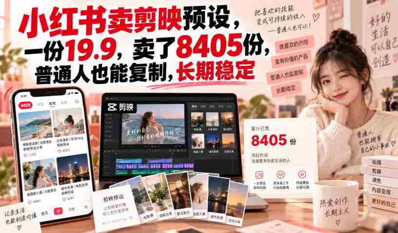 剪映预设热销小红书，单价19.9元，销量突破8405份，普通人轻松实现财富复制，稳定收益不是梦