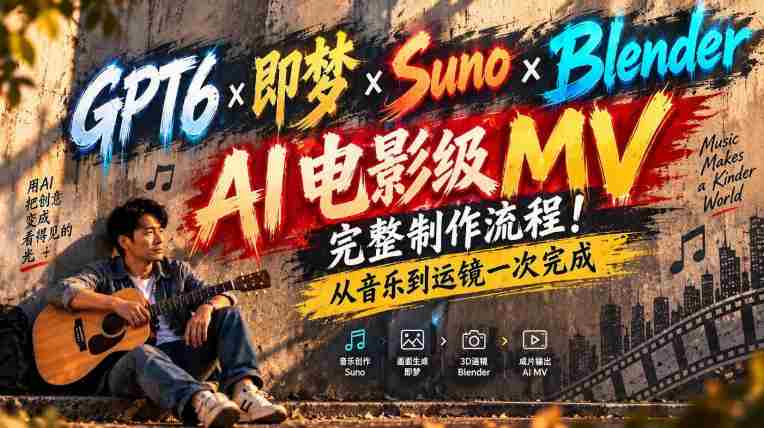 探索GPT6×与Suno的梦幻融合：Blender助阵，AI驱动电影级MV全流程制作！音乐与镜头一气呵成！