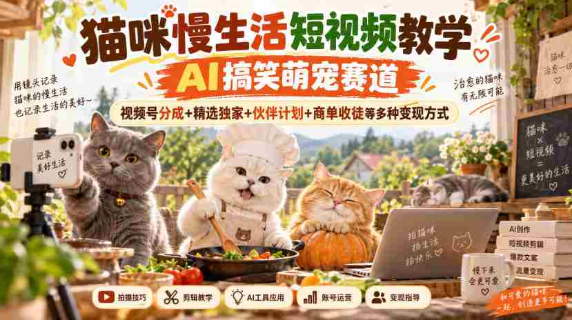 AI赋能萌宠搞笑短视频，猫主子悠闲日常攻略，一网打尽视频变现路径：平台分成、独家精选、合作招募与学徒招募多元收益攻略