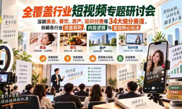 聚焦短视频领域，深入探讨美业、餐饮、房产、知识付费等34个细分市场，解析行业流量密码、内容策略及盈利关键