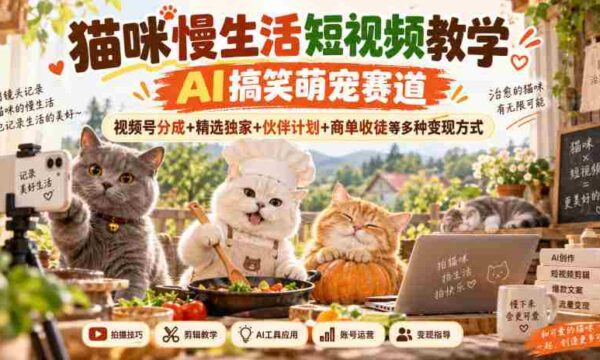 AI赋能萌宠搞笑短视频，猫主子悠闲日常攻略，一网打尽视频变现路径：平台分成、独家精选、合作招募与学徒招募多元收益攻略