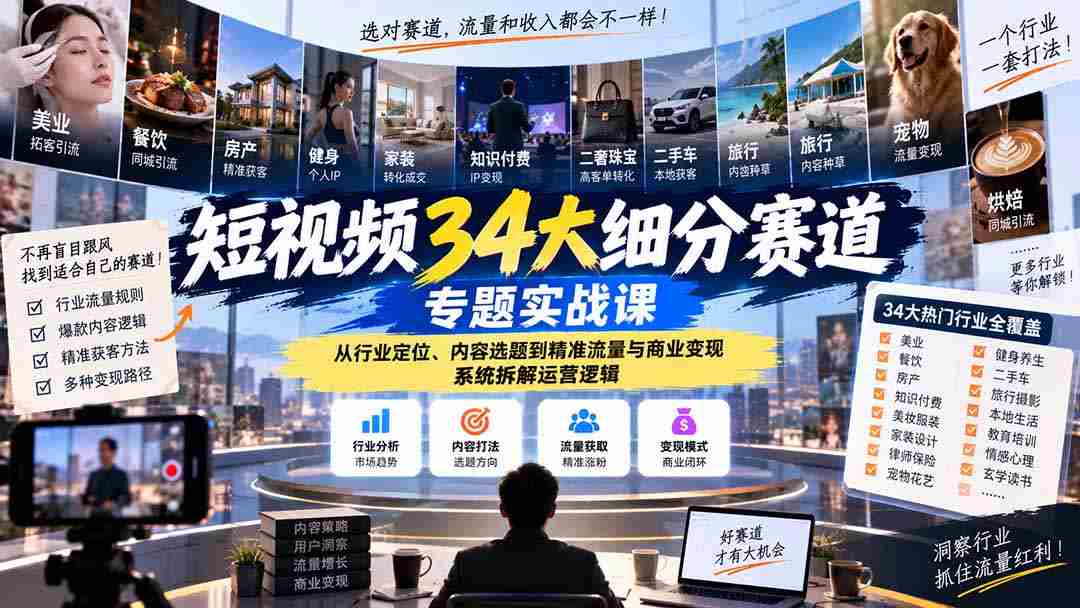 揭秘短视频34个热门领域实战攻略：深入剖析行业定位、内容策划、流量获取与商业转化，全方位解析运营策略