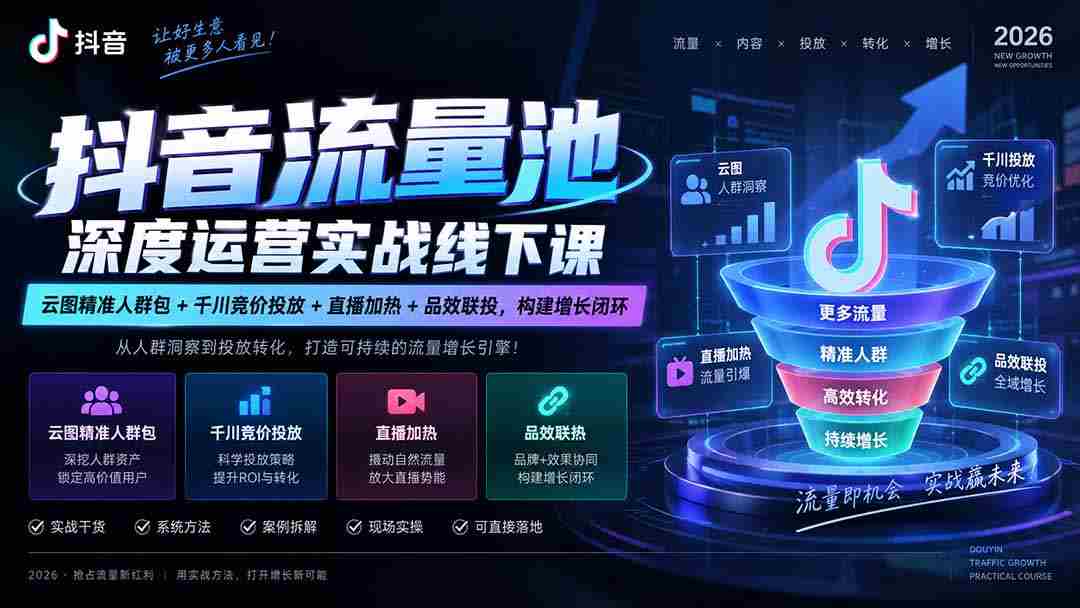 抖音流量池深度运营实战线下课｜云图精准人群包+千川竞价投放+直播加热+品效联投，构建增长闭环