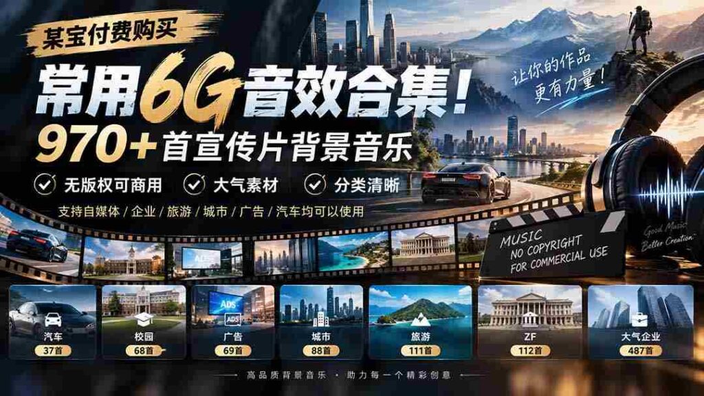 精选某宝付费音效包，囊括6G动感音乐库！千余首宣传片背景曲，商用无忧，分类详尽，大气素材尽在掌握