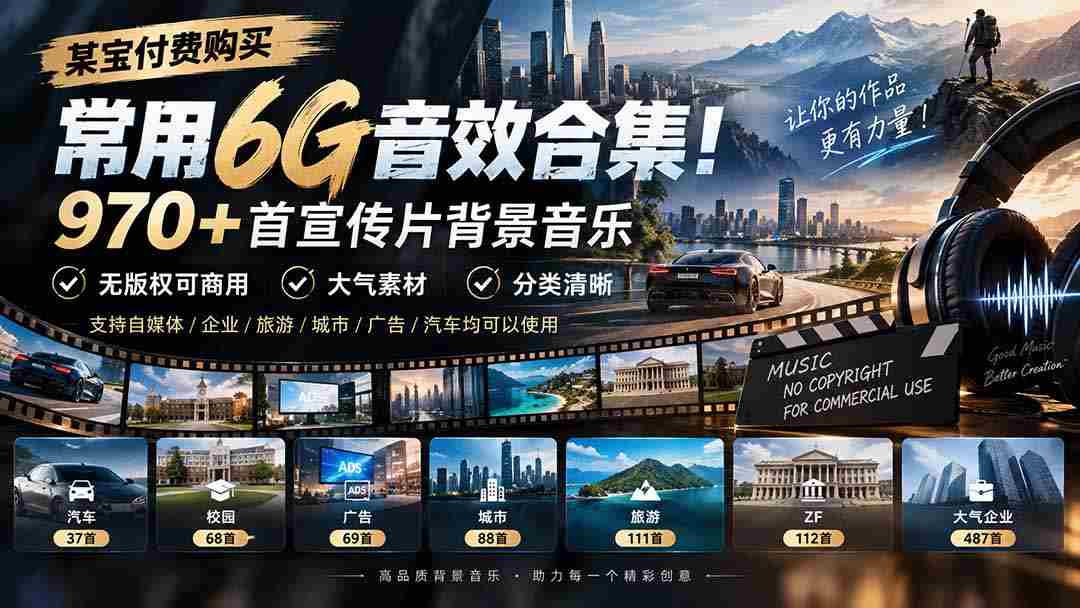 精选某宝付费音效包，囊括6G动感音乐库！千余首宣传片背景曲，商用无忧，分类详尽，大气素材尽在掌握