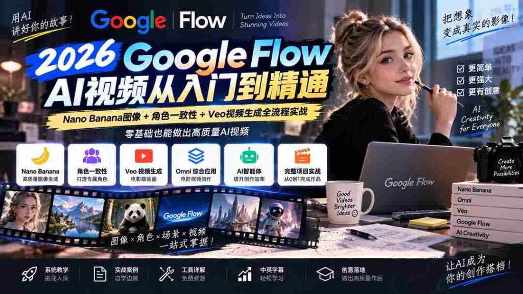 探索Google Flow AI视频制作：深度解析Nano Banana图像、角色一致性及Veo视频生成技巧，中英字幕全程指导