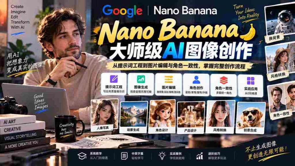 【无水印】Nano Banana大师级AI图像实战课：从提示词工程到图片编辑与角色一致性，掌握完整创作流程