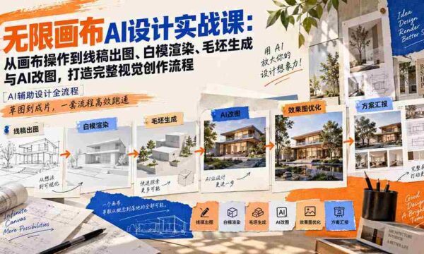 【无水印】无限画布AI设计实战课-更新：从画布操作到线稿出图、白模渲染、毛坯生成与AI改图，打造完整视觉创作流程