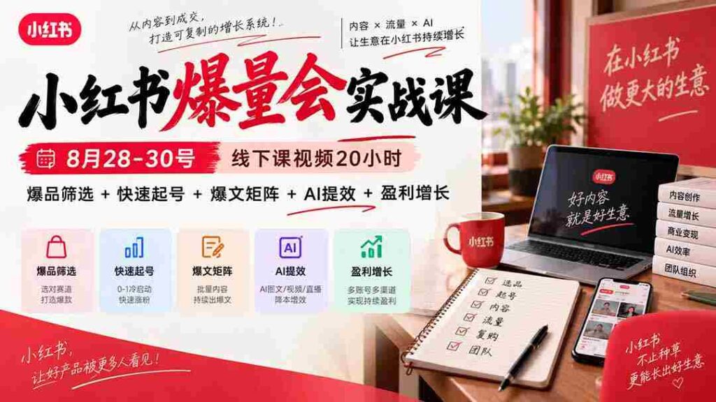 9月23日最新实战课程：小红书线下课视频全解析，20小时深度教学，揭秘爆品选品、快速涨粉、热门内容打造、AI工具运用与盈利提升