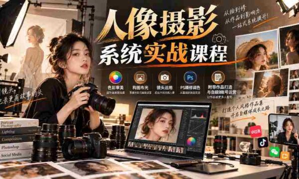 深度解析】人像摄影全攻略：色彩美学、构图布光技巧、镜头操作秘籍，PS后期精修调色，作品创作与自媒体运营一网打尽