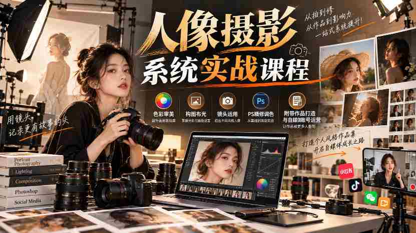 深度解析】人像摄影全攻略：色彩美学、构图布光技巧、镜头操作秘籍，PS后期精修调色，作品创作与自媒体运营一网打尽