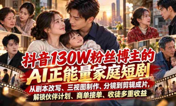 抖音红人130万粉丝打造AI家庭喜剧，剧本改编、三维制作、镜头设计至剪辑成片，揭秘伙伴计划、商务合作、收徒多渠道盈利之道