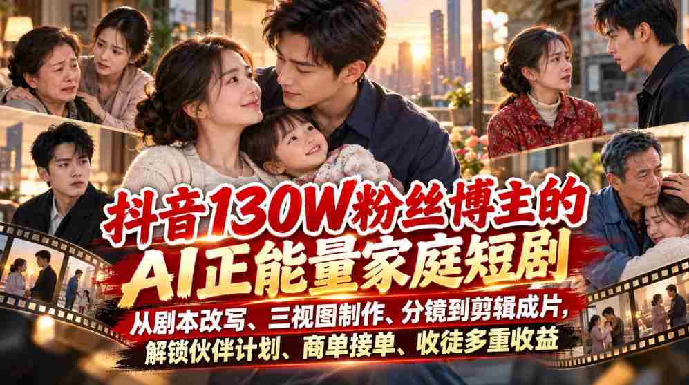抖音红人130万粉丝打造AI家庭喜剧，剧本改编、三维制作、镜头设计至剪辑成片，揭秘伙伴计划、商务合作、收徒多渠道盈利之道
