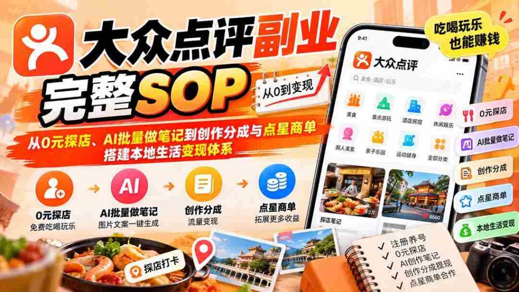 揭秘：大众点评副业全攻略：零成本探店、AI高效笔记，创作分成及点星订单，构建本地生活盈利平台