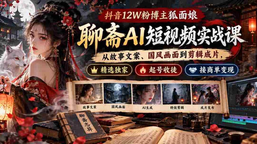 狐面娘抖音12万粉丝博主揭秘：聊斋AI短视频制作全攻略，涵盖文案、国风画面、剪辑技巧，独家教程助你起号收徒，轻松接商单盈利