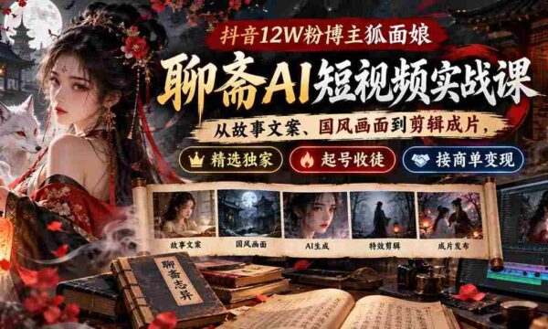狐面娘抖音12万粉丝博主揭秘：聊斋AI短视频制作全攻略，涵盖文案、国风画面、剪辑技巧，独家教程助你起号收徒，轻松接商单盈利