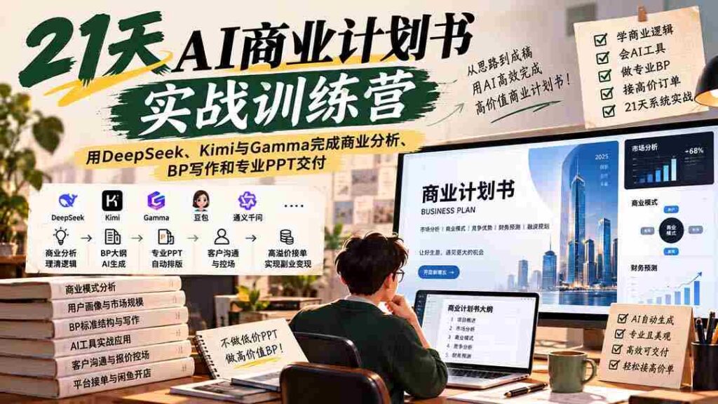 【无水印】21天AI商业计划书实战训练营：用DeepSeek、Kimi与Gamma完成商业分析、BP写作和专业PPT交付