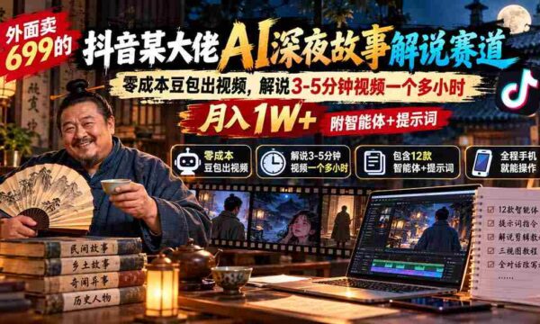 抖音热门AI解说达人揭秘：零成本制作，仅需3-5分钟，月入过万不是梦，附带智能助手与关键提示词，售价仅需699元