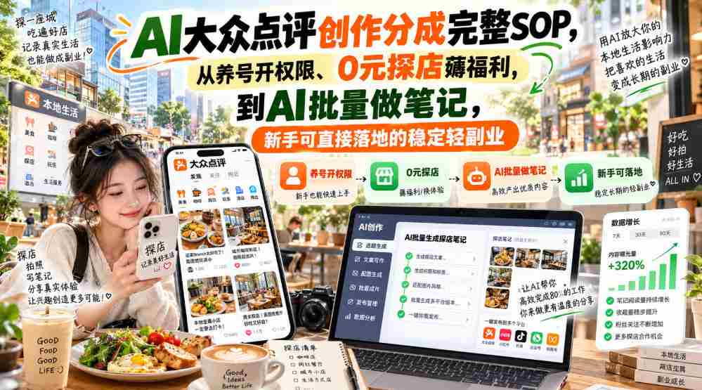零基础上手】AI点评达人分成攻略全解析：从账号运营到福利领取，AI笔记批量制作，轻松开启副业新篇章