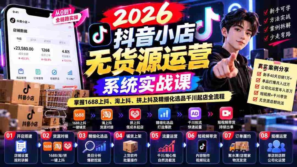 2026抖音店铺无货源运营攻略：全解析1688跨平台抖音营销、淘宝抖音融合、拼多多抖音联动及精准选品与千川开店技巧