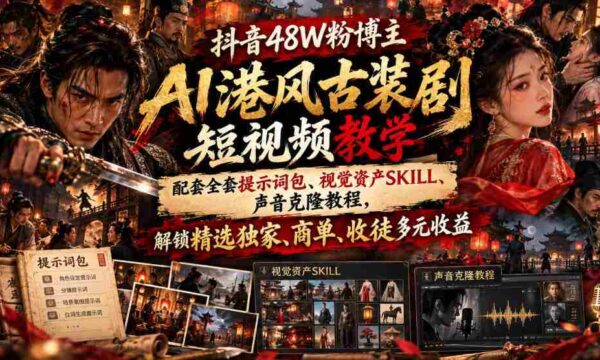 揭秘抖音48万粉丝博主AI港风古装剧短视频制作秘籍：附赠提示词包、视觉素材技巧、声音克隆指南，畅享精选收益、商业合作、收徒多重盈利