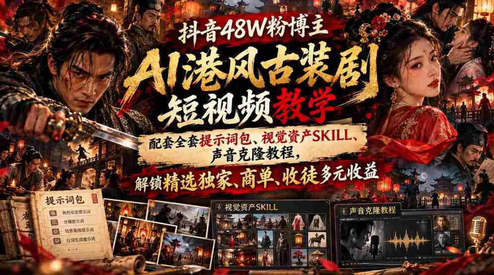 揭秘抖音48万粉丝博主AI港风古装剧短视频制作秘籍：附赠提示词包、视觉素材技巧、声音克隆指南，畅享精选收益、商业合作、收徒多重盈利
