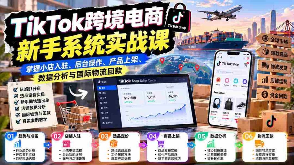 新手速成指南：TikTok跨境电商实操课程全解析——轻松掌握店铺入驻、运营管理、上架技巧、数据解析及跨境收款