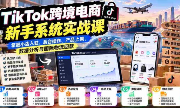 新手速成指南：TikTok跨境电商实操课程全解析——轻松掌握店铺入驻、运营管理、上架技巧、数据解析及跨境收款